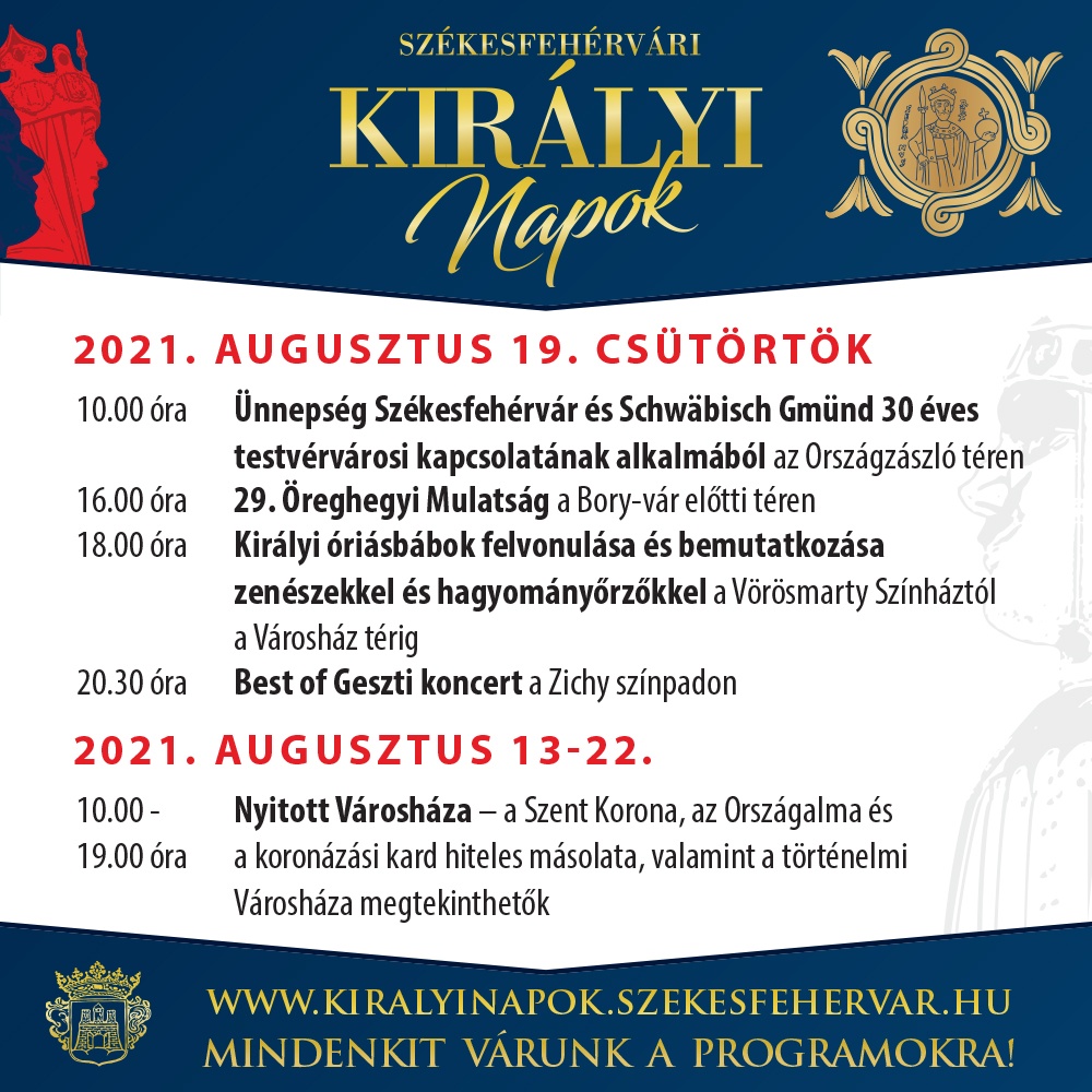 Ezek lesznek a Székesfehérvári Királyi Napok programjai augusztus 19-én, csütörtökön
